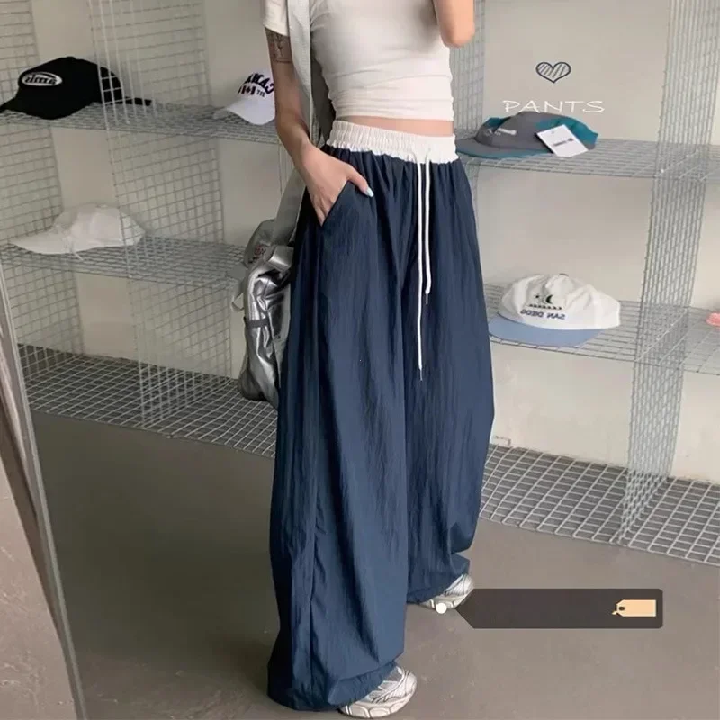 

Fashion Patchwork Women Jogging Pants Summer High Waist Streetwear Loose Wide Leg Pants Korean Drawstring Casual Trousers