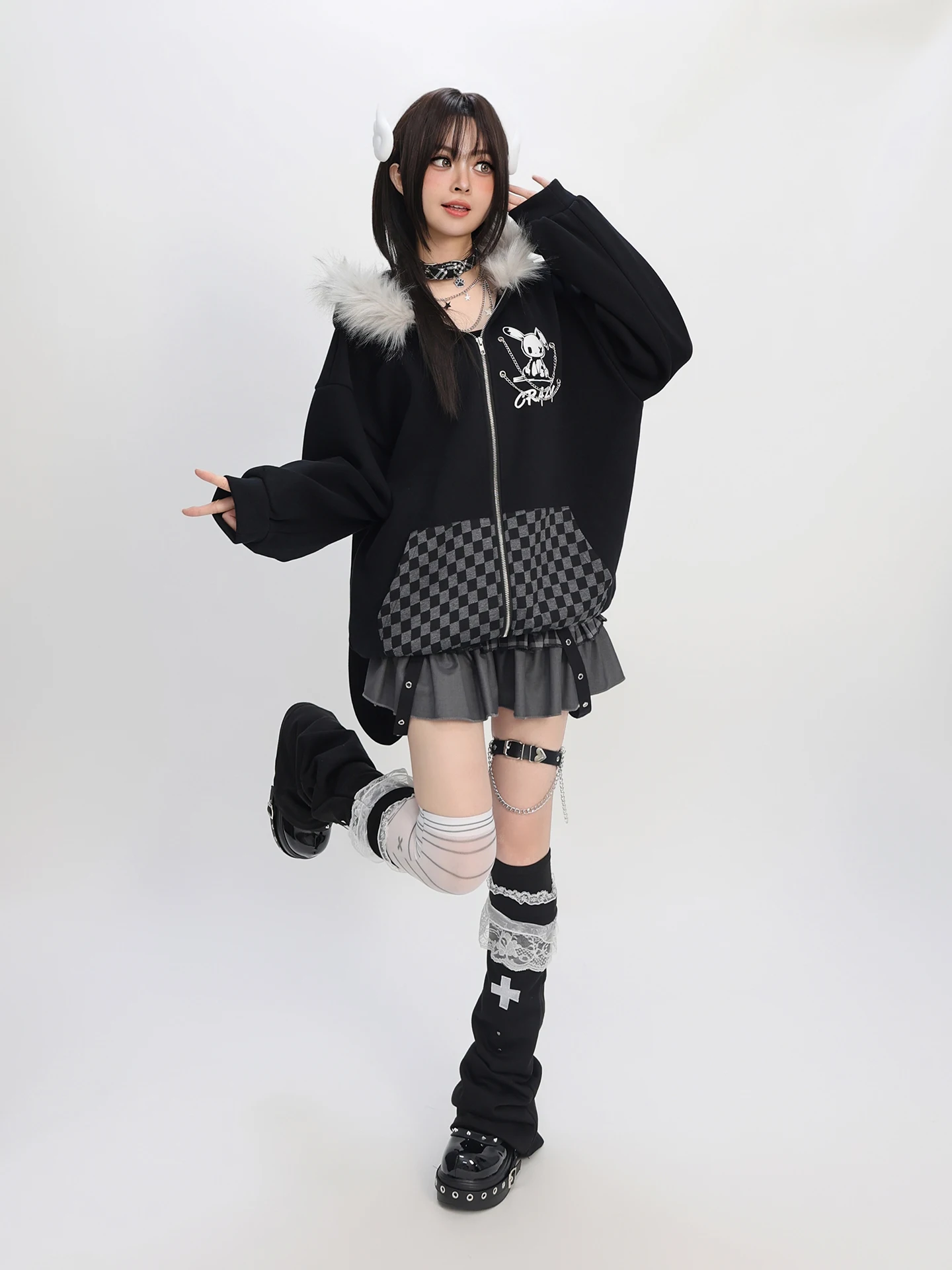 Original Fashion Highstreet Sweet Cool Girl Hooded Tops Plaid Rabbit Ear Hooded Loose Casual Fleeced Sweatshirts Jackets Women