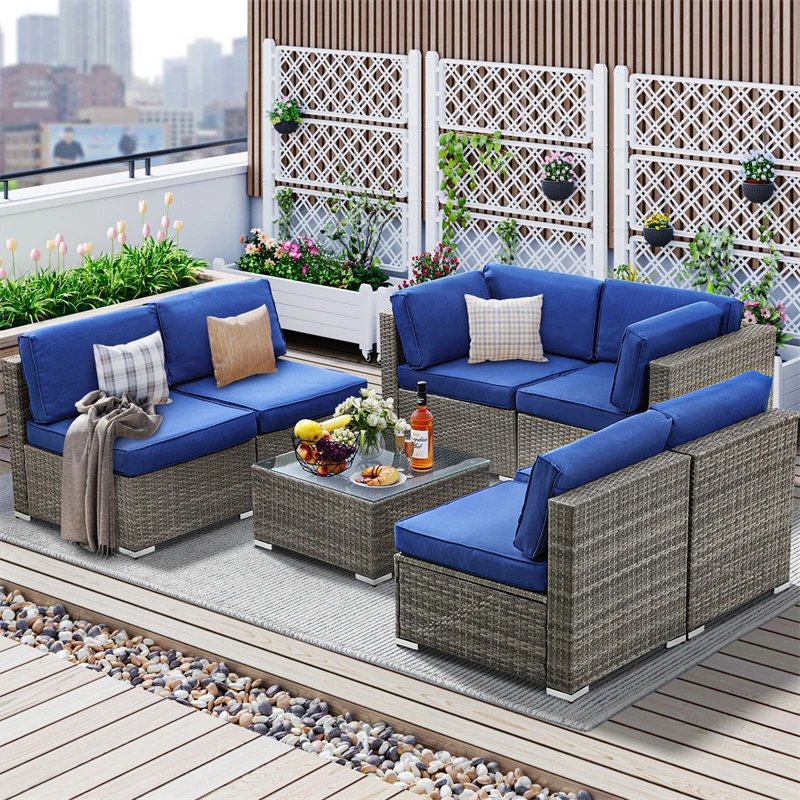 

Outdoor Sofa Waterproof Villa Hotel Furniture 6 Seaters Patio Sofa Rattan Garden Furniture Set