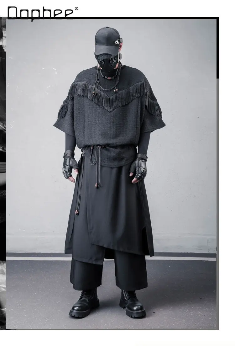 

2026 Summer New Men's Dark Street Style Cool Fringe Patchwork Design Loose Casual Round Neck Batwing Sleeve T-Shirt