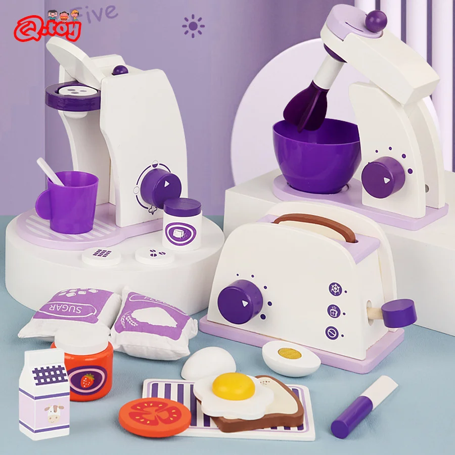 Wooden Kitchen Toys Kids Coffee Toaster Blender Machine Pretend Play Set Simulation Game Learning Educational for Children Gift