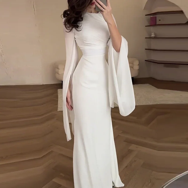 Satin Solid Robe Dress Ladies Temperament O-neck Slim Evening Dress Elegant Batwing Sleeves High Waist Pleats Long Dress