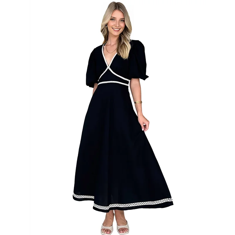 فستان CYL-Women's 2025 رسمي أنيق كاجوال بياقة على شكل V وأكمام منتفخة على شكل حرف a فستان ماكسي متأرجح #1