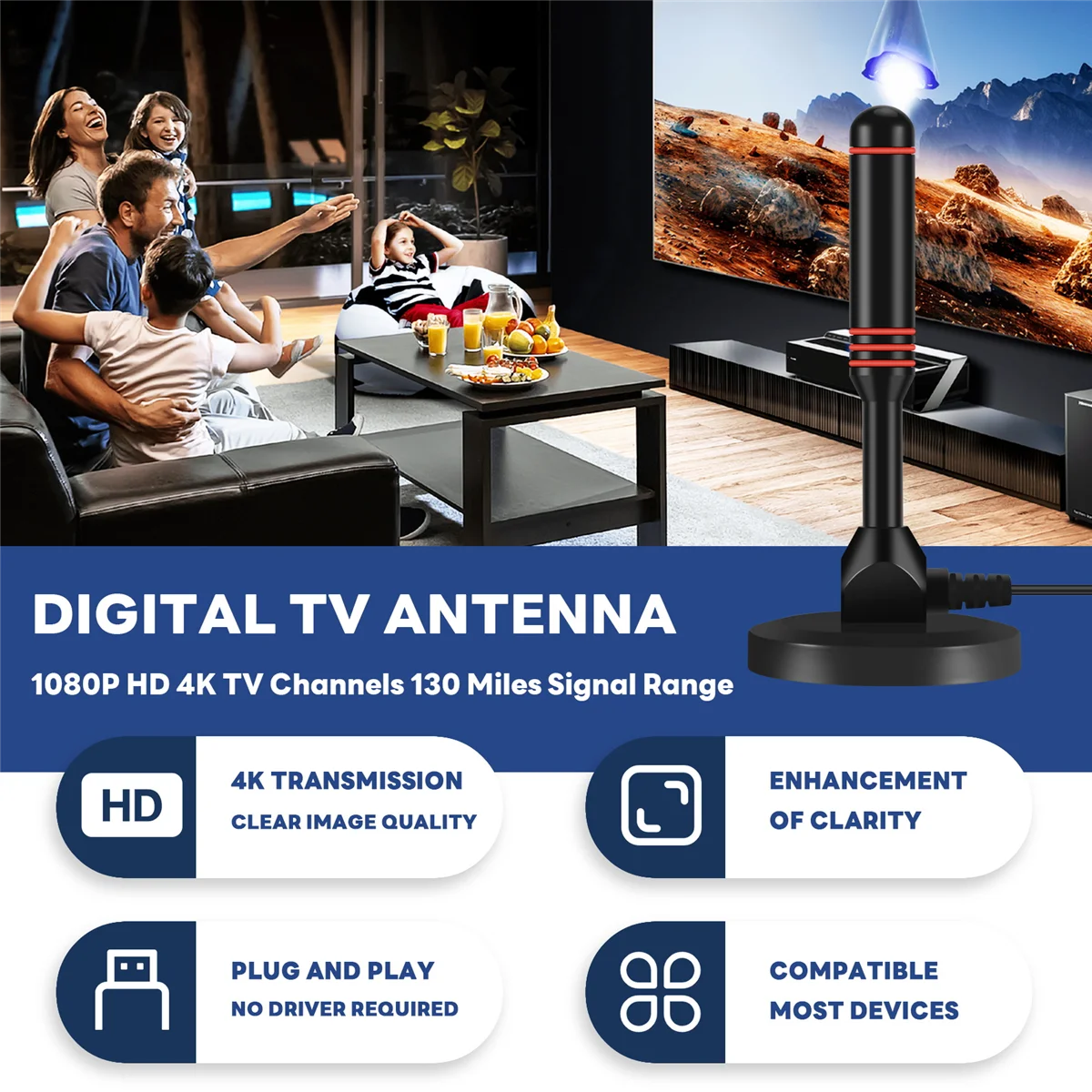 Цифровая телевизионная антенна Внутренняя HDTV-антенна с интеллектуальным сигналом Цифровая телевизионная антенна 1080P 4K ТВ-канали Диапазон сигнала 130 миль