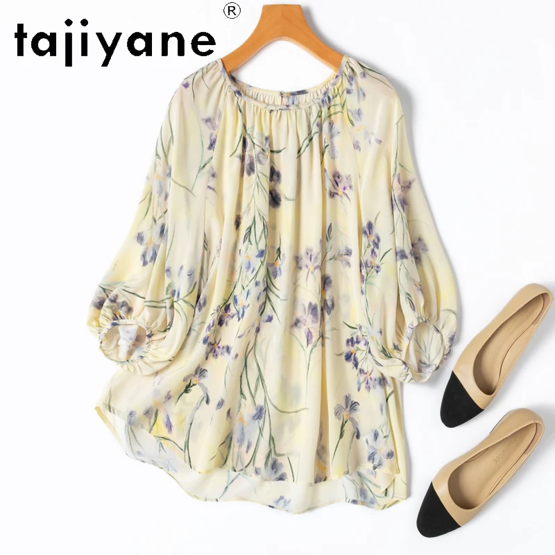 TAJIYANE 100% Mulberry Silk T Shirts for Woman Summer Women Clothing Tops Casuales Lantern Sleeve Loose Fit Womens Футболка 2024