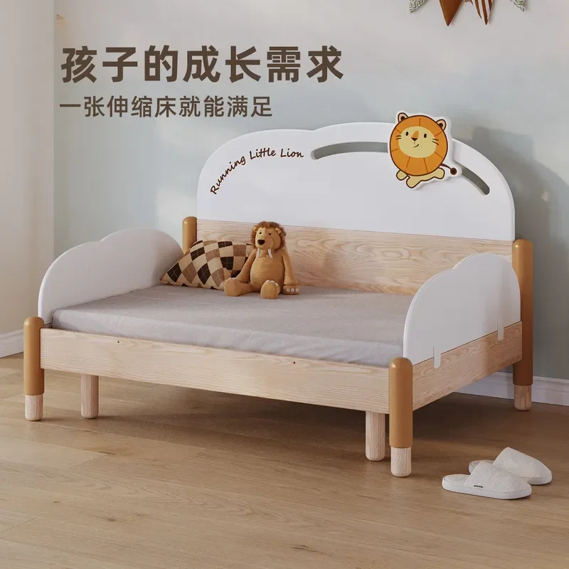 Solid Wood Kids Splicing Bed Retractable Single with Guardrail Space Saving Pull Out Crib for Small Apartment Boys Girls