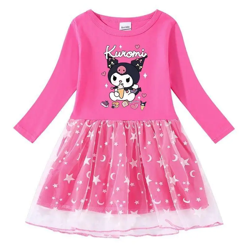 

Платье Sanrio Kuromi из хлопковой сетчатой ткани для девочек, весна-осень, новое, ярких цветов, с мультяшными звездами и лунами, с длинными рукавами, платье принцессы