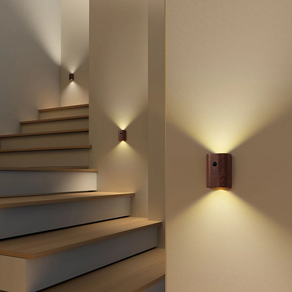 Verbindung Holz Bewegungs sensor Nachtlichter USB wiederauf ladbare drahtlose LED Induktion Wand lampe Schlafzimmer Küche Korridor Treppen licht