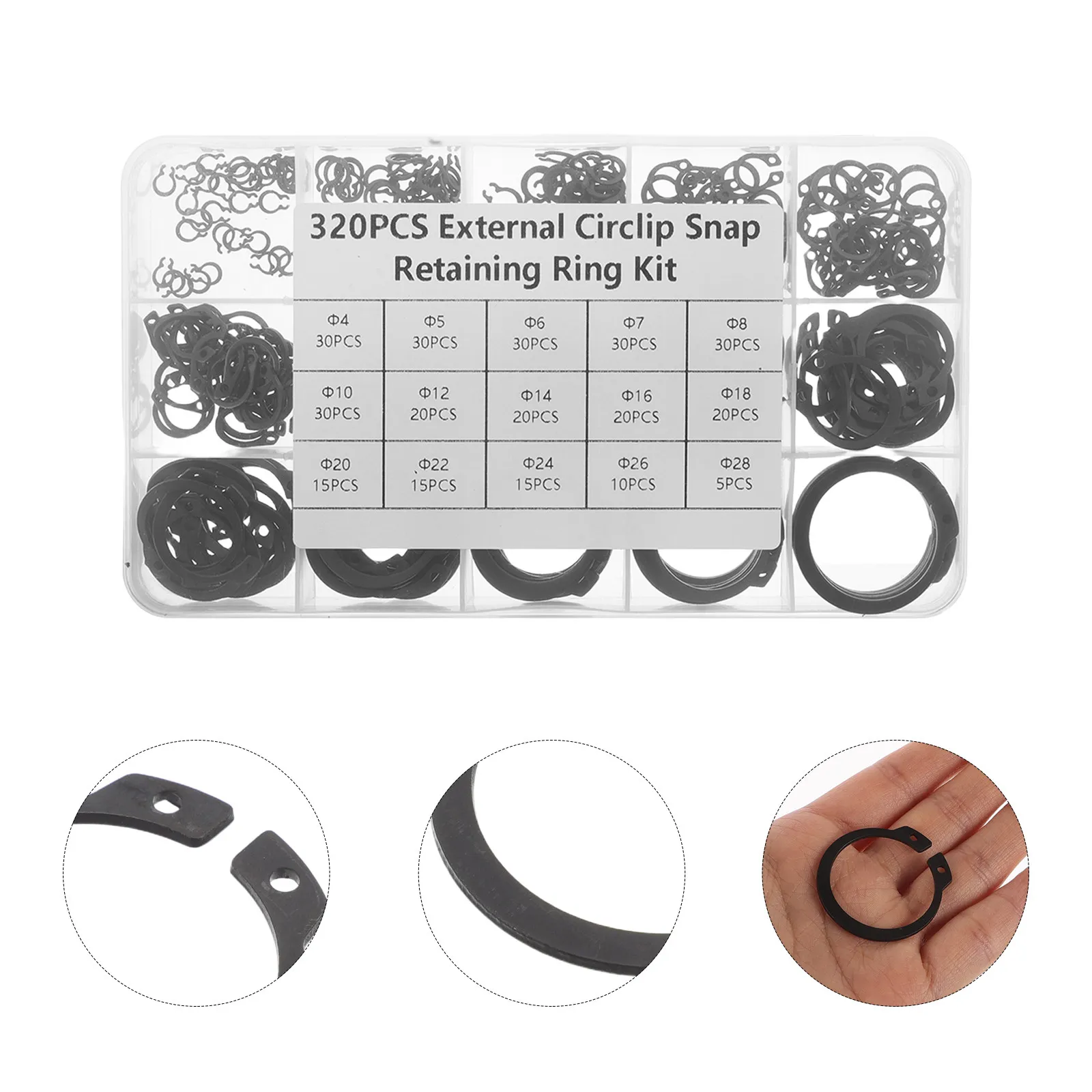 320Pcs External Retaining Rings Assortment High Strength Steel Snap Ring Kit for Mechanical Shafts Automotive Industrial Use