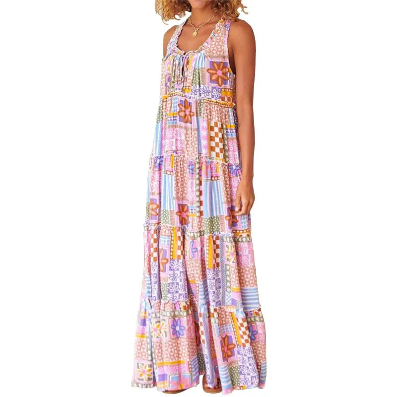 Fashion Flower Print Long Dresses For Women Casual Beach Holiday Bohemia Style Sleeveless Dress Elegant Lady Loose Maxi Vestidos