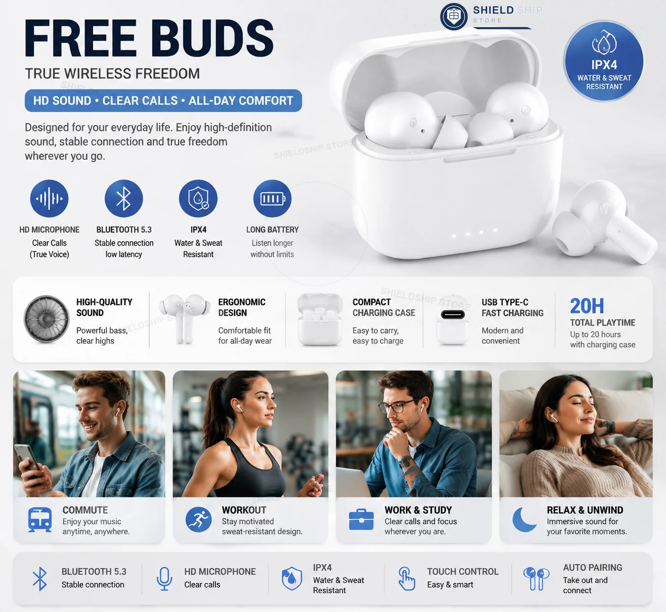 Audífonos Inalámbricos Bluetooth 5.3 con Llamadas Claras, Micrófono HD, Resistencia al Sudor IPX4, Estuche de Carga USB-C para Música