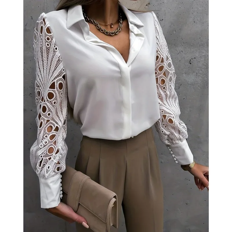 2024 Spring/Summer Solid Color Lace Spliced Shirt For Women Fashion Hollow Out Long Sleeve Single Breasted Blouse Femme Blusas