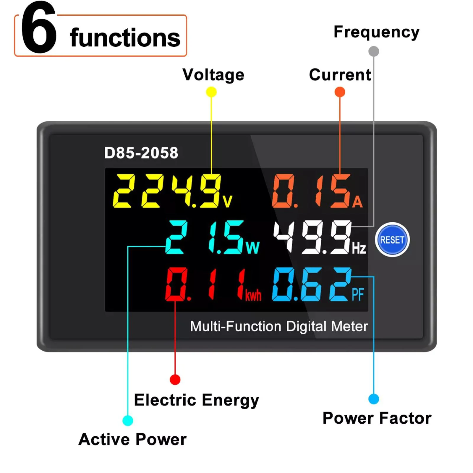 D85-2058 AC Digital Panel Meter 40-300V 99.99A, Voltmeter Ammeter Power Factor Frequency Energy Monitor LCD