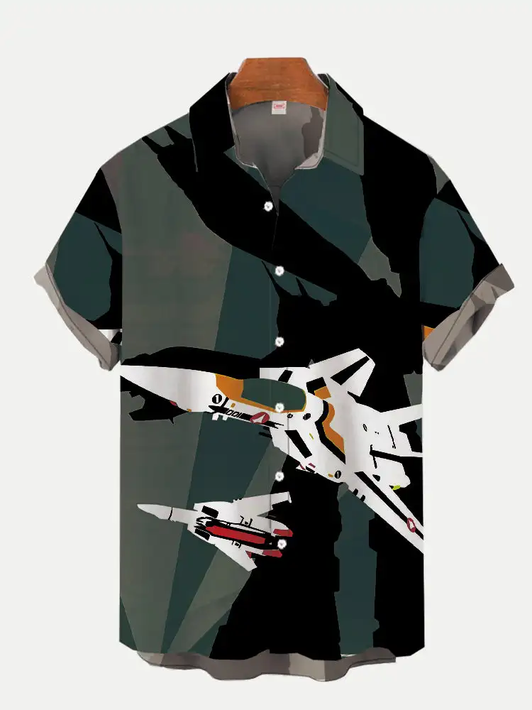Men's Retro Gradient Orange Poster Sci-fi Interstellar Travel Spaceship Printed Short Sleeved Shirt