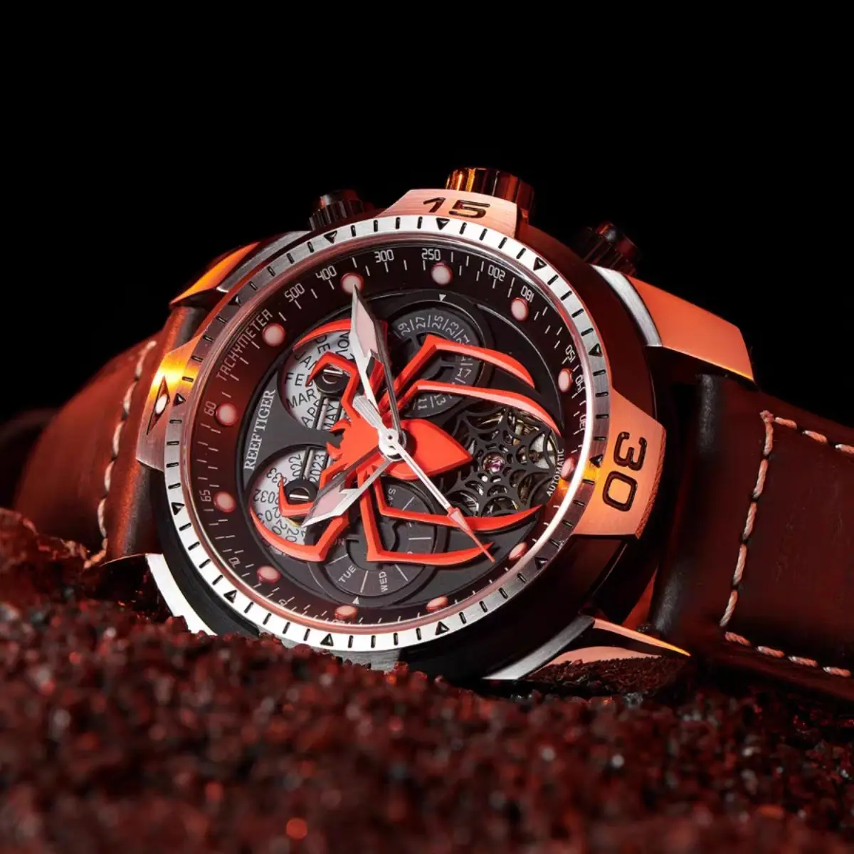 Reef Tiger Men Automatic Watch 46mm Mechanical Wristwatch 10ATM Waterproof Sapphire Mirror Luminous Year Month Week Spider Dial