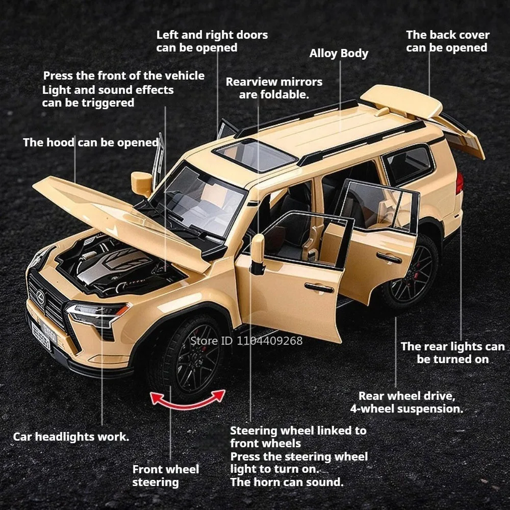1:24 GX550 LX570 Model Toy Car Alloy Diecast Sound Light Models All-Terrain Shock Absorption Vehicle Toys Home Decor Decoration