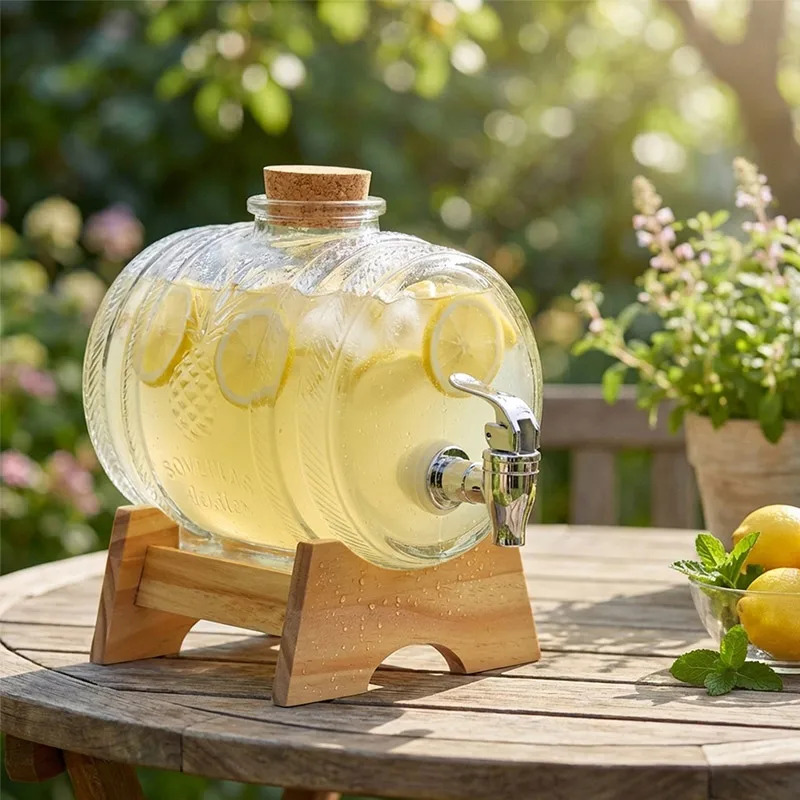Hot Selling 2-liter Glass Bottle In The Shape Of A Cola Barrel Dispenser For Beverages Wine Containers With Faucet Base And Cork