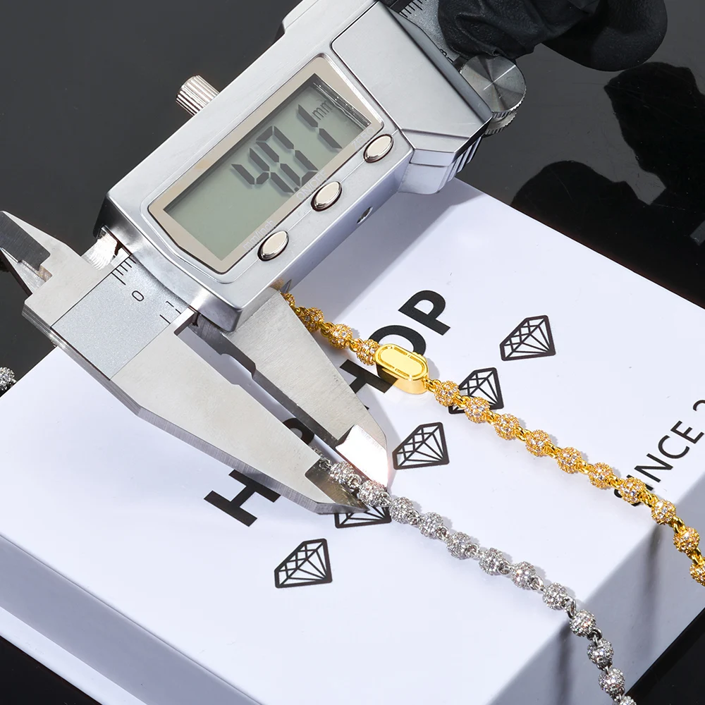 ESKEEM الفاخرة 18K الذهب 4 مللي متر سلسلة من الخرز سوار مع كامل الماس حبة مستديرة مثلج خارج أساور للرجال النساء غرامة مجوهرات #6