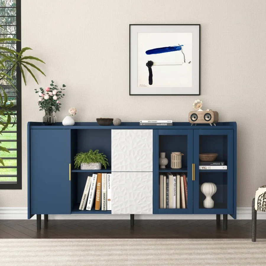 

Modern Kitchen Pantry Storage Cabinet 55 Coffee Bar Storage Cabinet with 2 Drawers 2 Open Storage Compartment 2 Glass Doors Woo