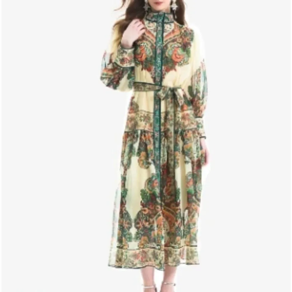 시크한 프린트 기본 스탠드 넥 슬림 싱글 브레스트 랜턴 슬리브, 레이스업 원피스 빈티지 여성 하이 스트리트 이브닝 파티 의류