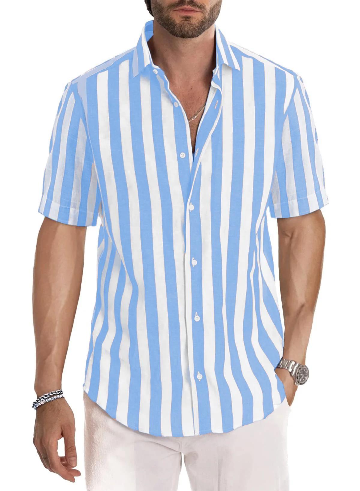 

Men's Vertical Striped Shirt Lapel Short-Sleeved Casual Men's Casual Summer Shirt