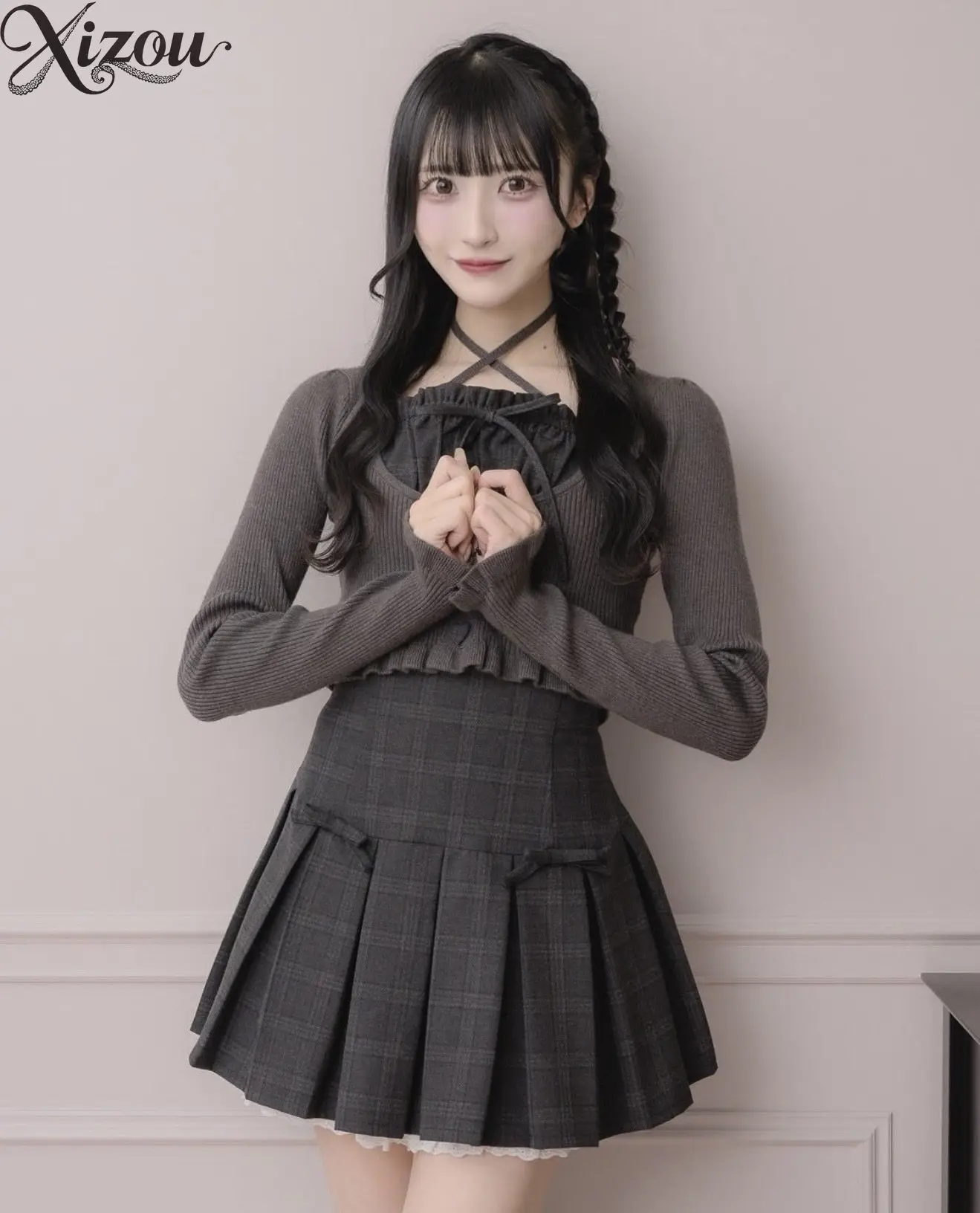Women Dark Gray Plaid Bow High Waist Pleated Mini Skirt Lace Trim Hem Japanese Sweet Preppy Casual Short Skirts Slim Fit Summer