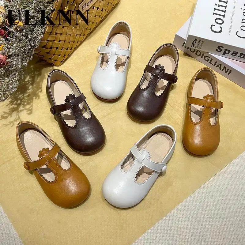 

Girls' Yellow True Leather Shoes Baby Comfortable White Single Shoes New Fashion Retro Little Girl Flat Children's Bean Shoe