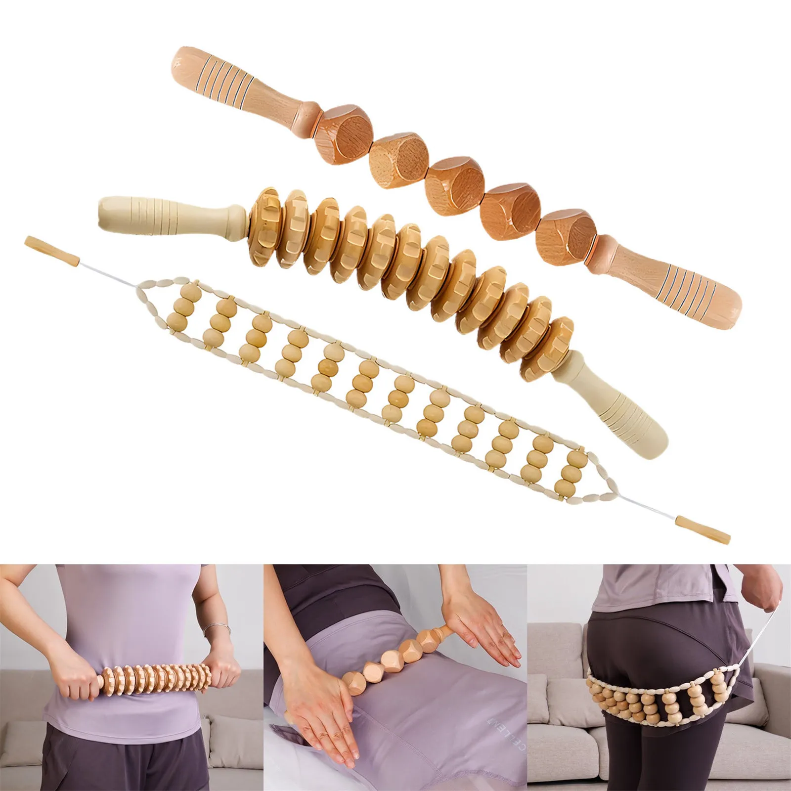 

Wooden Back Massage Roller Rope Wood Therapy Cellulite Massage Tools Self Massage Wheel Tools For Neck Leg Back Pain Relief 3pcs