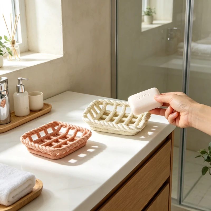 Ceramic Soap Dish Holder with Woven Texture Drain Tray for Bathroom Countertop Hotel Home Decor Use Easy Clean Design