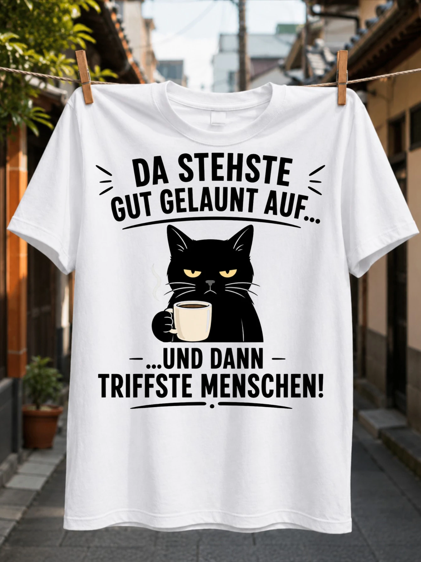 with  cat and coffee cup bold German Da stehste gut gelaunt auf und dann triffste schen text Unisex  Unisex All T-Shirt