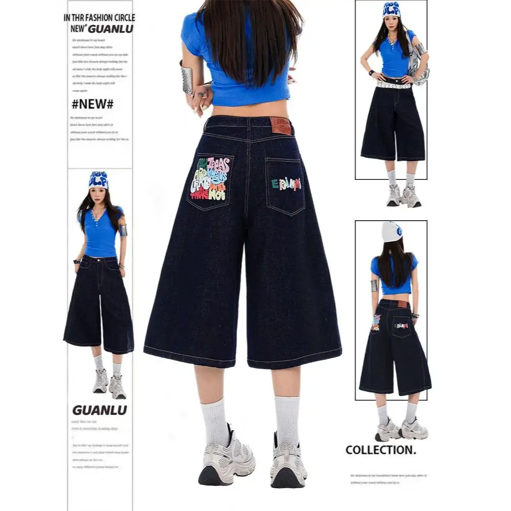 American Retro Letter Printed Seven Quarter Jeans Blue Women's High Waisted Straight Leg Wide Leg Pants Spring Summer New Shorts