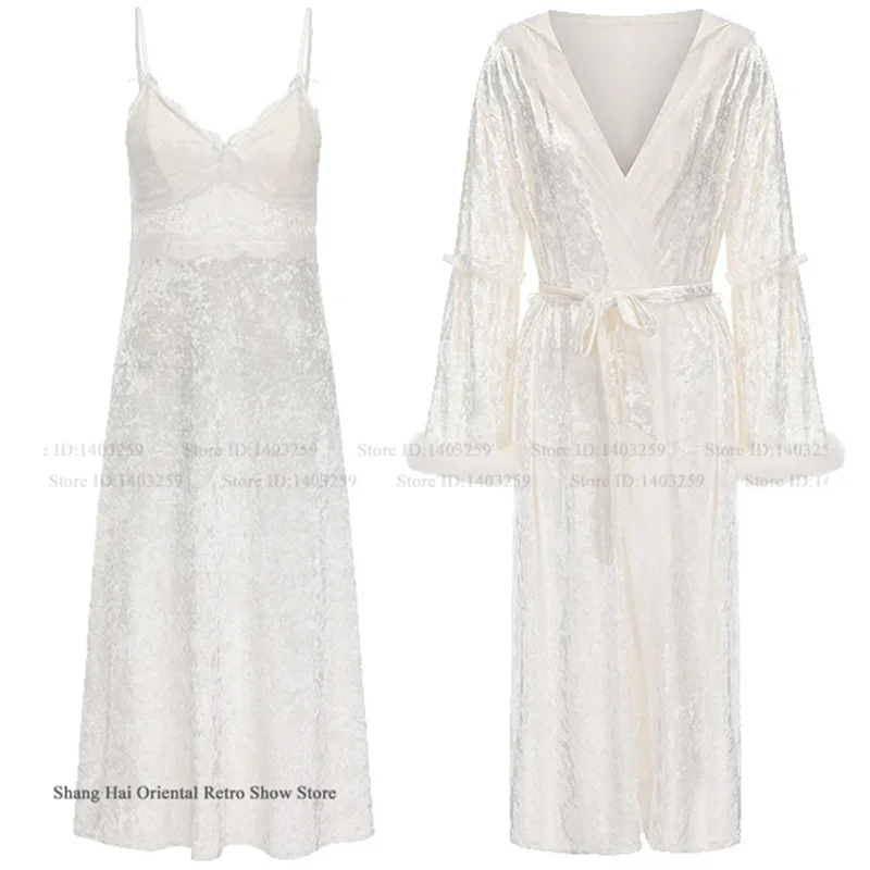 

Elegant Velvet Loong Robe Nightgown Set Sexy Hollow Lace Lingerie Nightdress Home Clothes Autumn Winter Sleepwear Loungewear