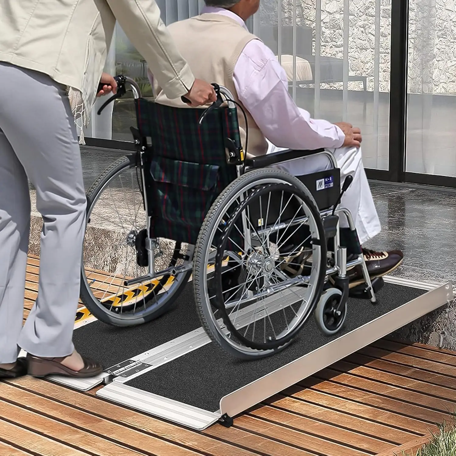 Portable Wheel Chair Ramps for Homes with Transition, Plate Aluminum Wheelchair Ramp with Non-Skid Surface and Reflective Strips