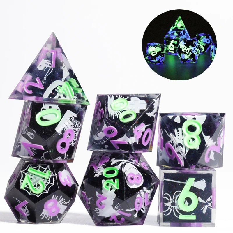 MINI PLANET DND Dice Set Halloween Christmas Dice Set with Glow in The Dark Resin Layered Sticker Dice D&D for RPG Board Game