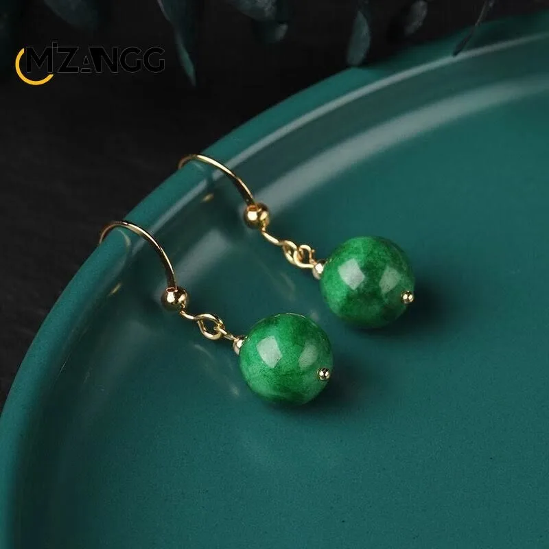 Natural Dry Green Jadeite Ear Line Green Jade Round Beads Earrings Luxury Fashion Women's Jewelry Birthday Holiday Gift