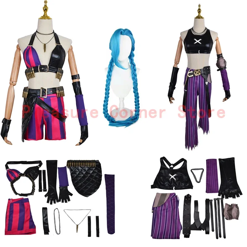 Game LOL Arcane Loose Cannon Jinx Cosplay Crit Costume Loli Jinx Cosplay Wig Outfit Wig Sexy Women Carnival Costume