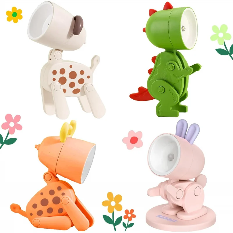Cartoon Mini Night Light, 4 Pieces Cute LED Lamps, Mini Animal Lamps, Foldable Small Table Lamp with Battery, Portable