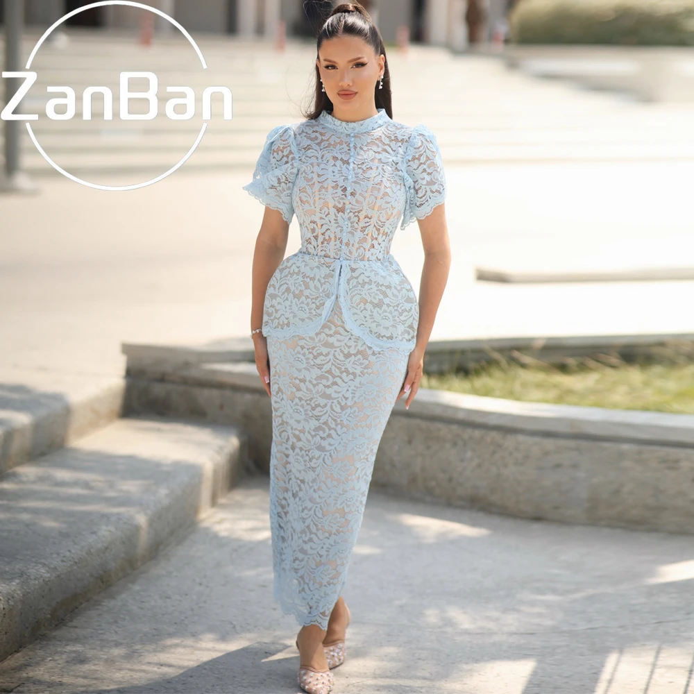 ZanBan Customized Classic New Women Lace Pearl Ruched Sheath Evening Dresses Modern Style High Collar Short Sleeves Ankle Length