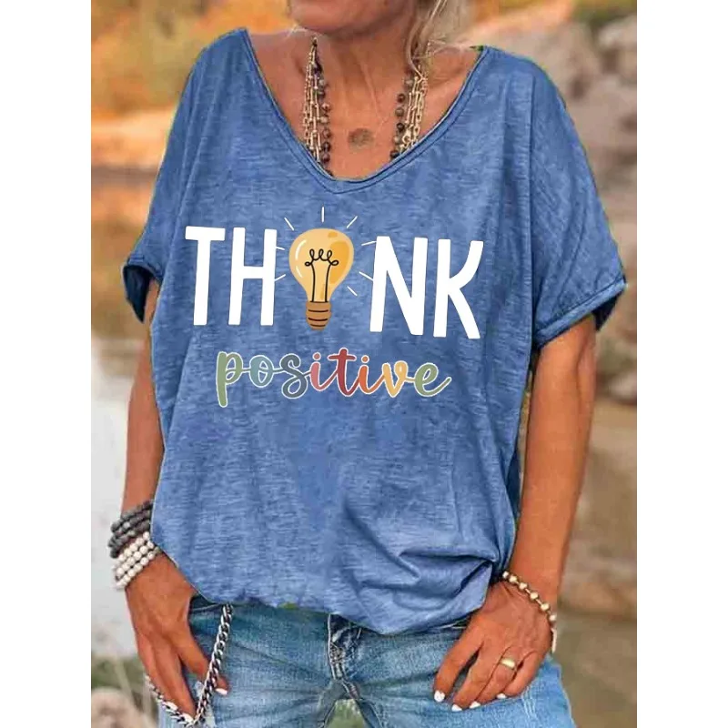 ilstile Women's Think Positive Print T-Shirts Summer Short Sleeve T Shirt Casual Loose V Neck Tops Tees New Arrival
