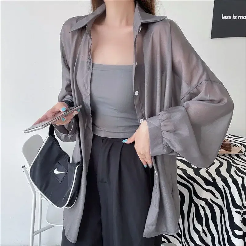 Glossy See Through Shirt for Women Blouse Long Sleeve Lightweight Sheer Organza Tops Ladies Casual Summer Cover Up Outfit