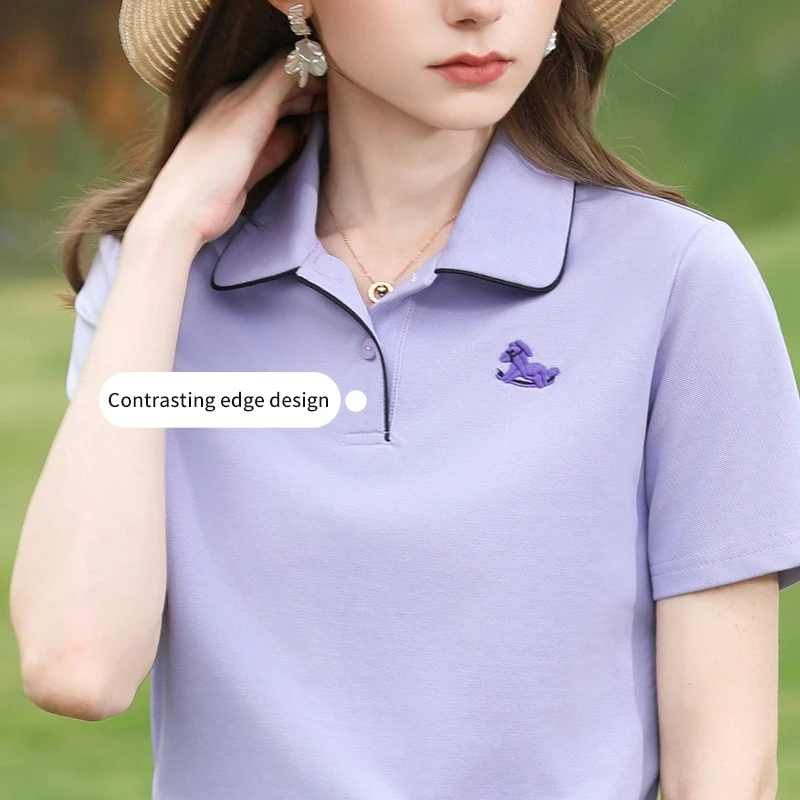 I BELIEVE YOU Purple Polo Shirt for Women 2026 Summer Horse Embroidery Short Sleeve Tees Casual Breathable Soft Top 2261016232