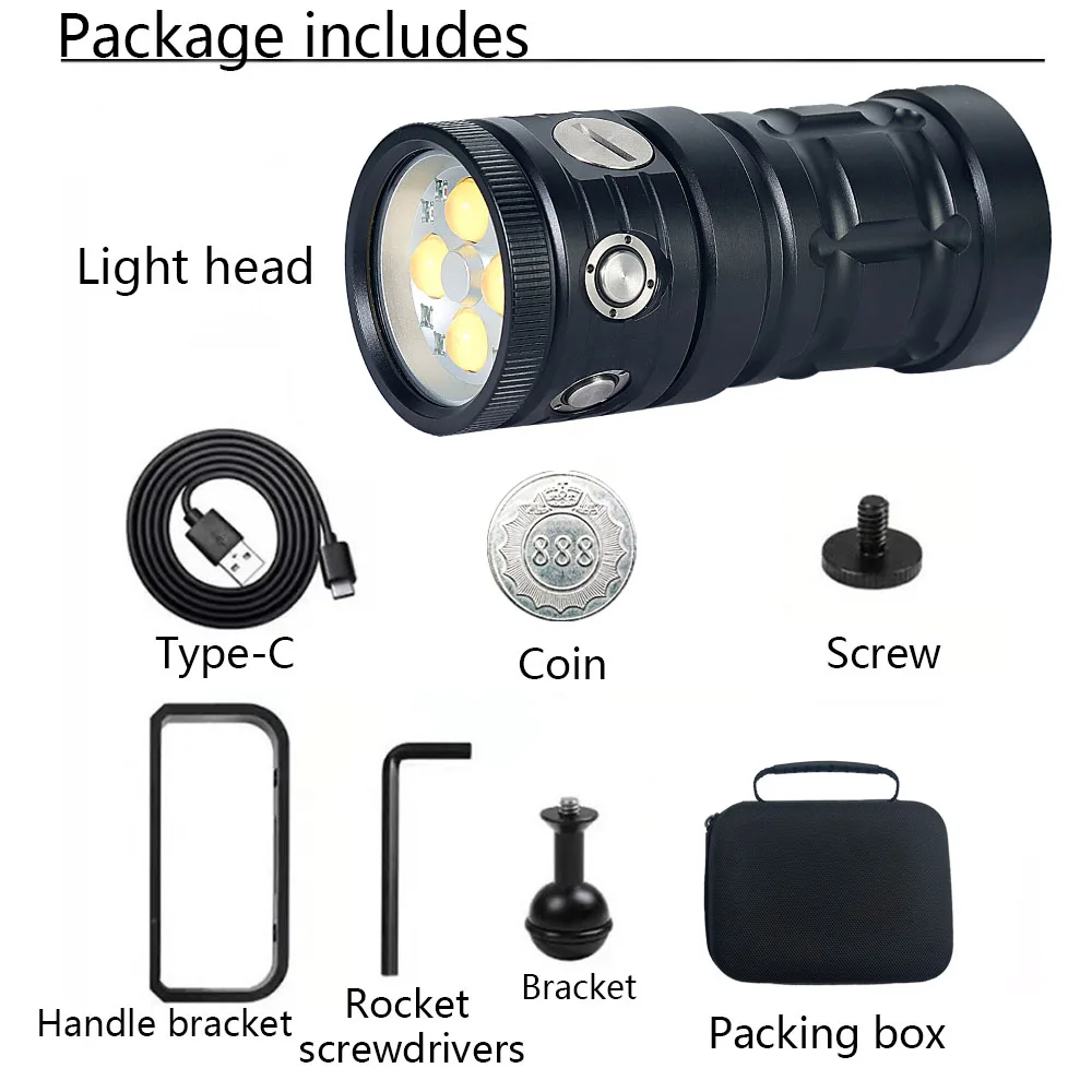 Diving flashlight, D16 20000 LM Scuba diving lighting 100m, 120 Degree wide beam angle, Photography video fill light