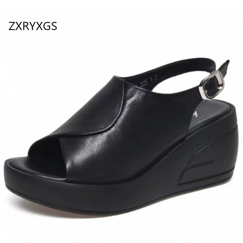 

ZXRYXGS 2026 New Summer Genuine Leather Fish Mouth Sandals Fashion Elegant Comfortable Wedges Sandals Women's High Heel Sandals