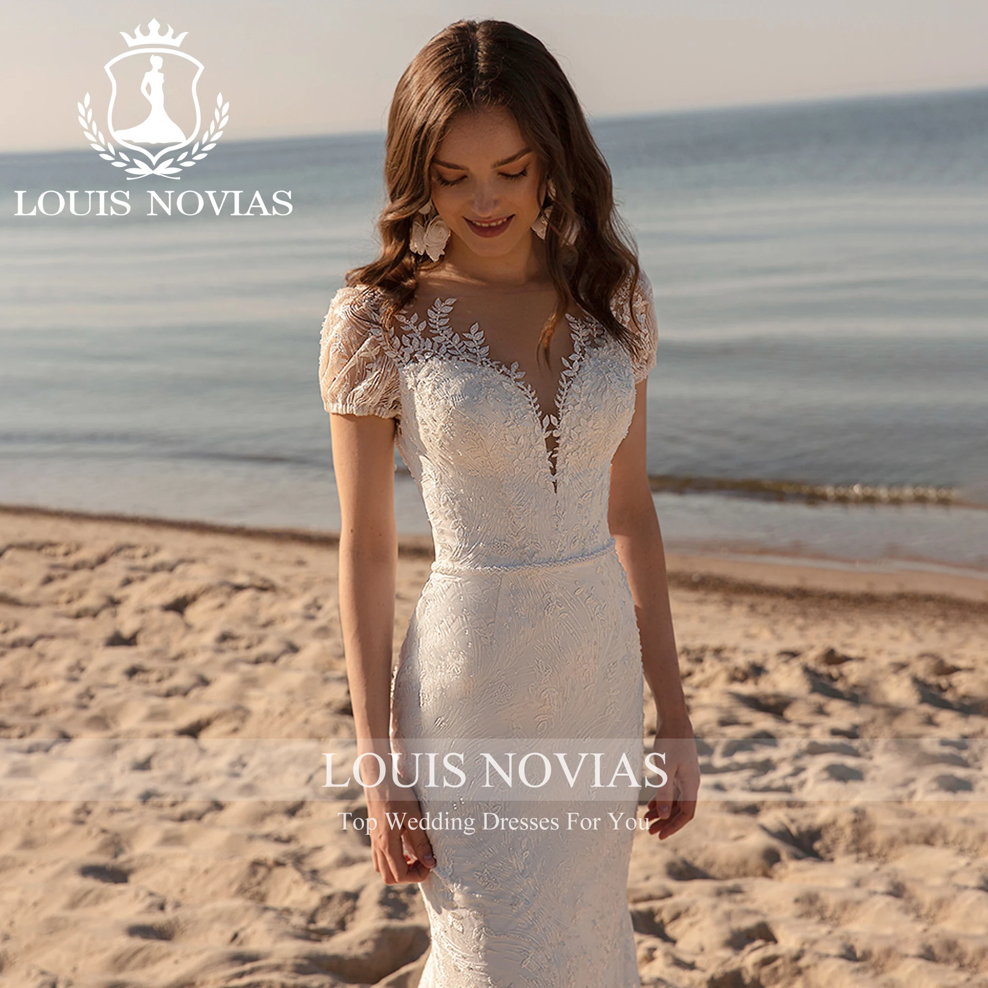 LOUIS NOVIAS-vestido De Novia De sirena con cuello en V, traje De manga corta con cinturón, apliques De ilusión, alta calidad, 2023