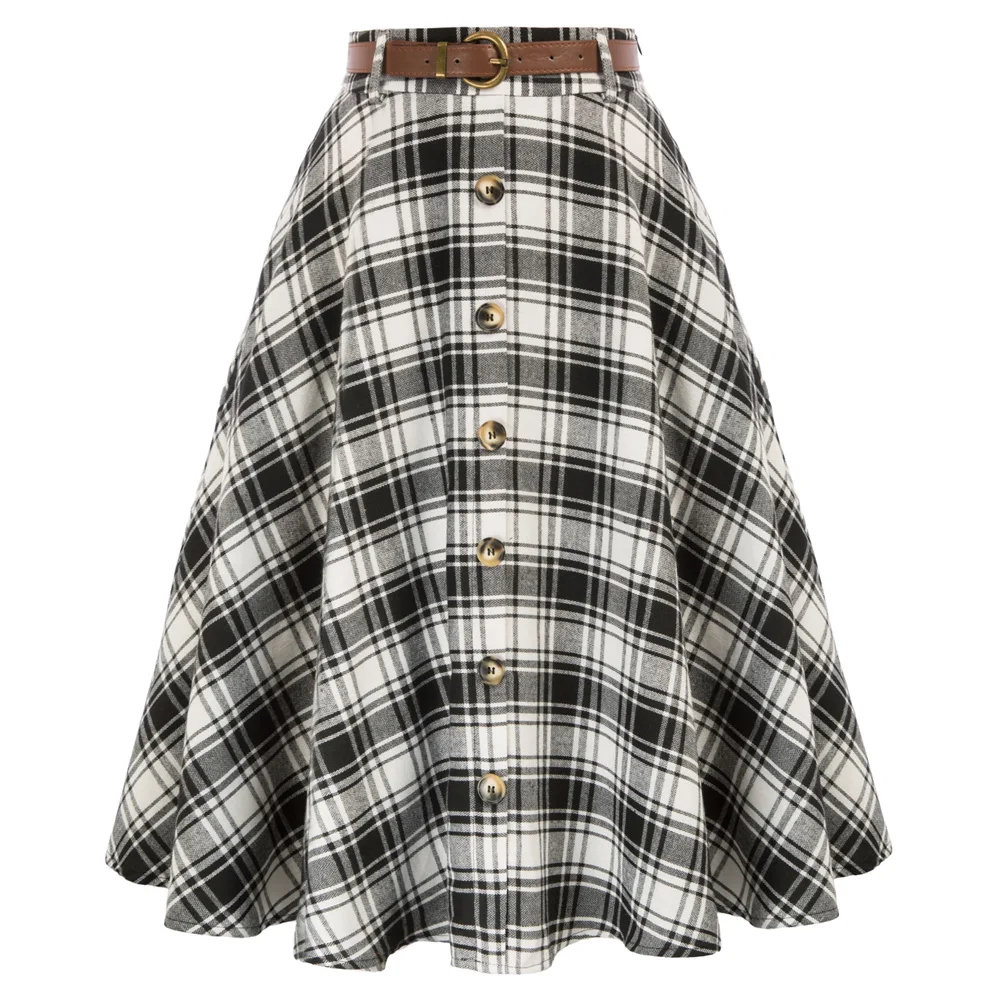 Belle Poque Women Swing Plaid Midi Skirt With Belt Elastic High Waist Buttons Decorat Vintage Pleated Skirt With Pockets & Belt