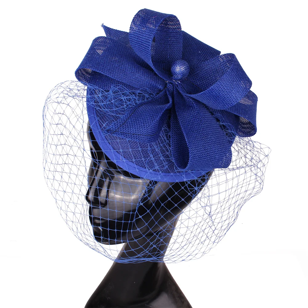 Imitation Linen Wedding Women Royal Blue Headpiece Headband Fancy Feather Flower Fascinator Hat Hair Clip Bride Marry Fedora Cap