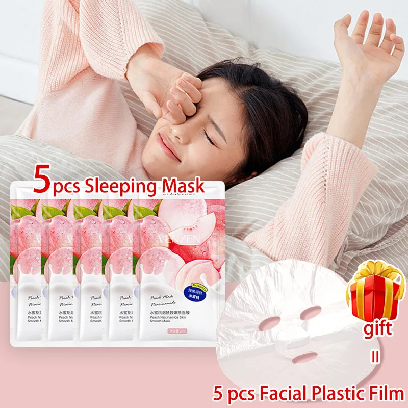 5pcs Peach Niacinamide Sleeping Mask Moisturizing Smooth Skin Shrink Pores Firming Brighten Skin Facial Mask In Bulk Skin Care