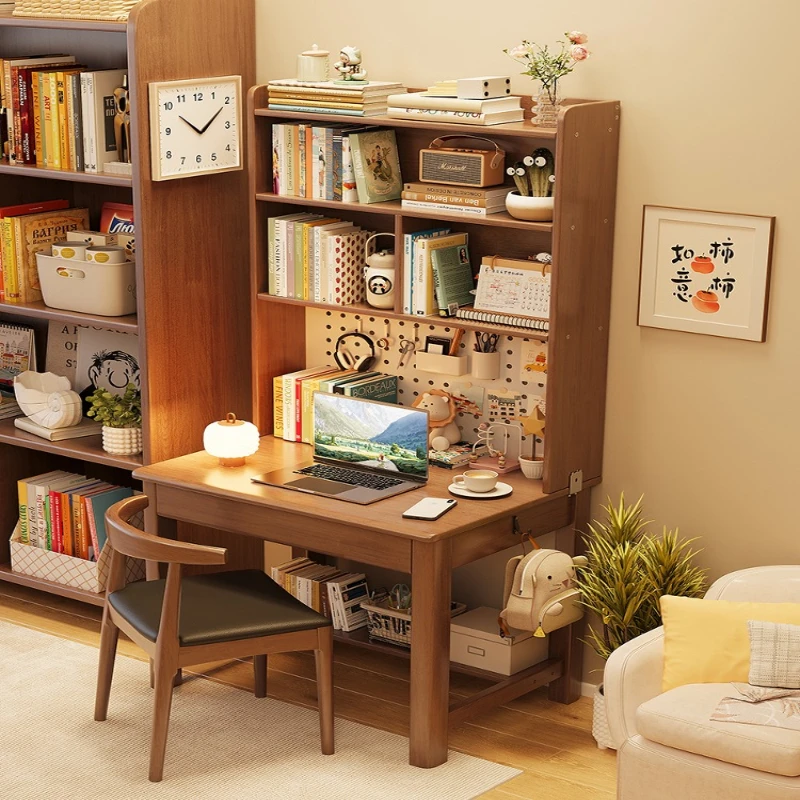 

Solid wood desk bookshelf small apartment computer desk student household adult bedroom with hole board