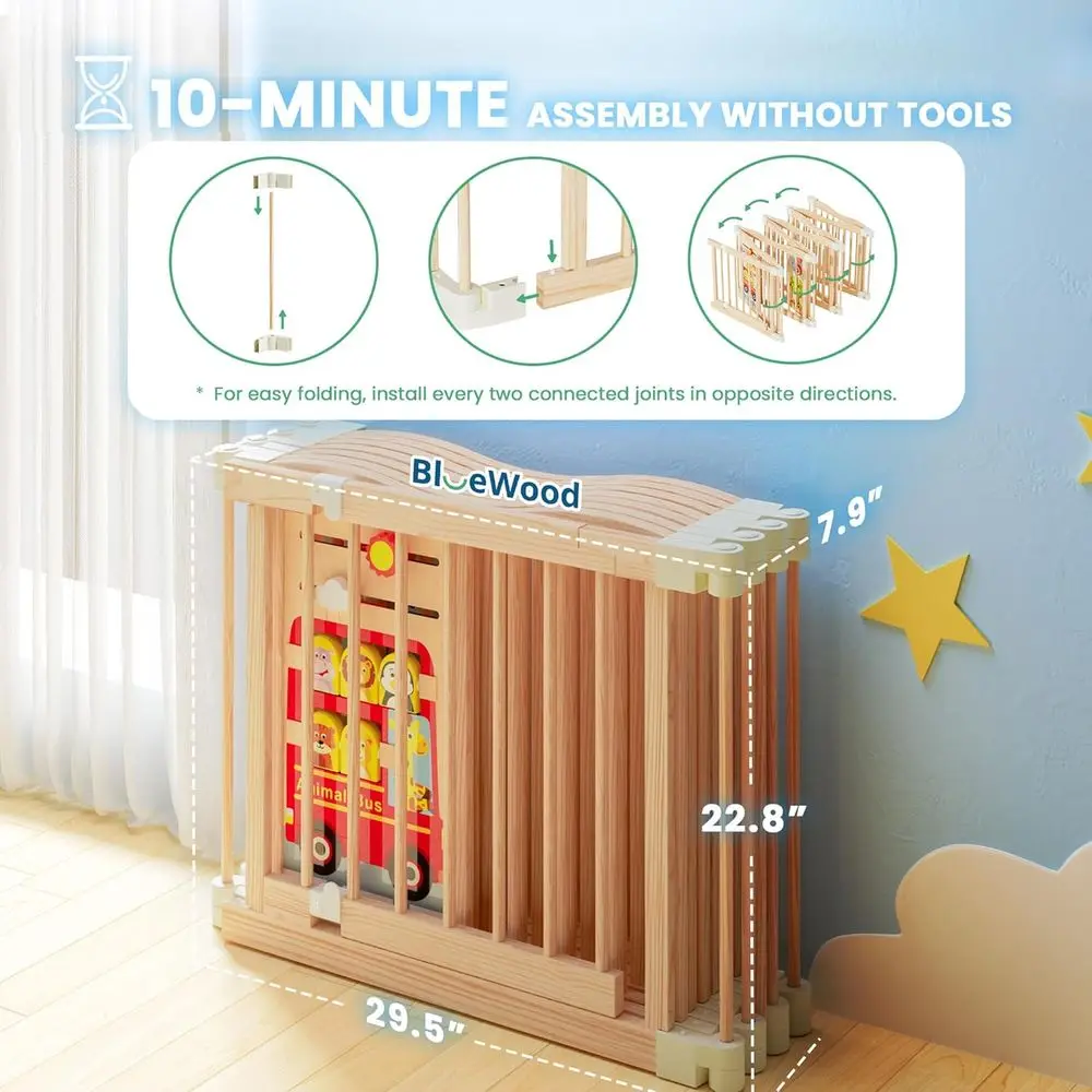 روضة أطفال خشبية قابلة للطي - ساحة لعب خشبية قابلة للتعديل وآمنة للأطفال مع قفل، سياج داخلي 8 ألواح للرضع والأطفال الصغار