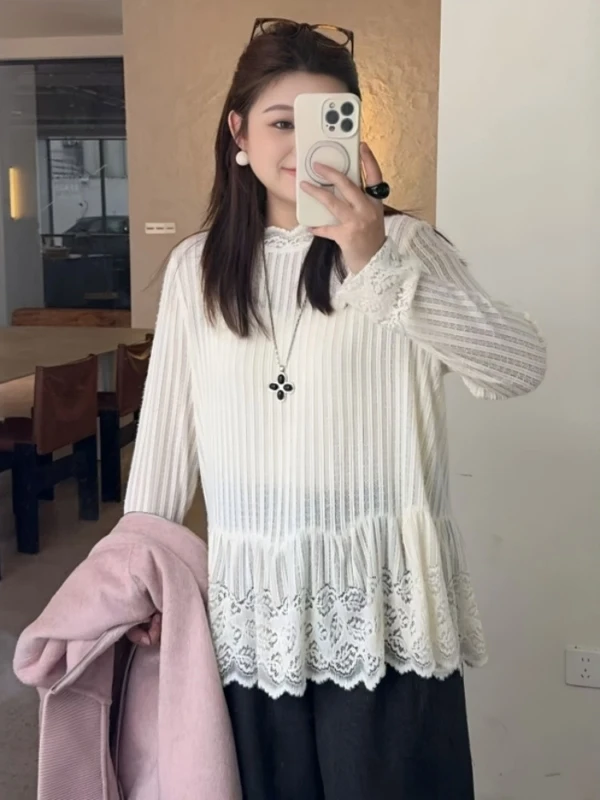 Plus Size Texture Lace Trim Stand Collar Knitted Top Women's Inner Wear Slimming Base Layer Irt Casual Loose Fit Long Sve
